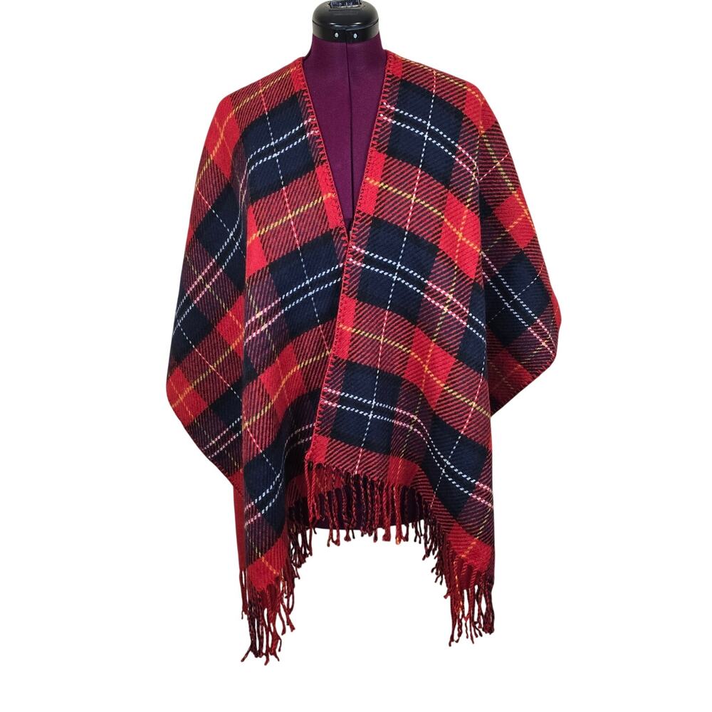 Women's Rafaella Red & Blue Plaid Knit Sweater Poncho | One Size